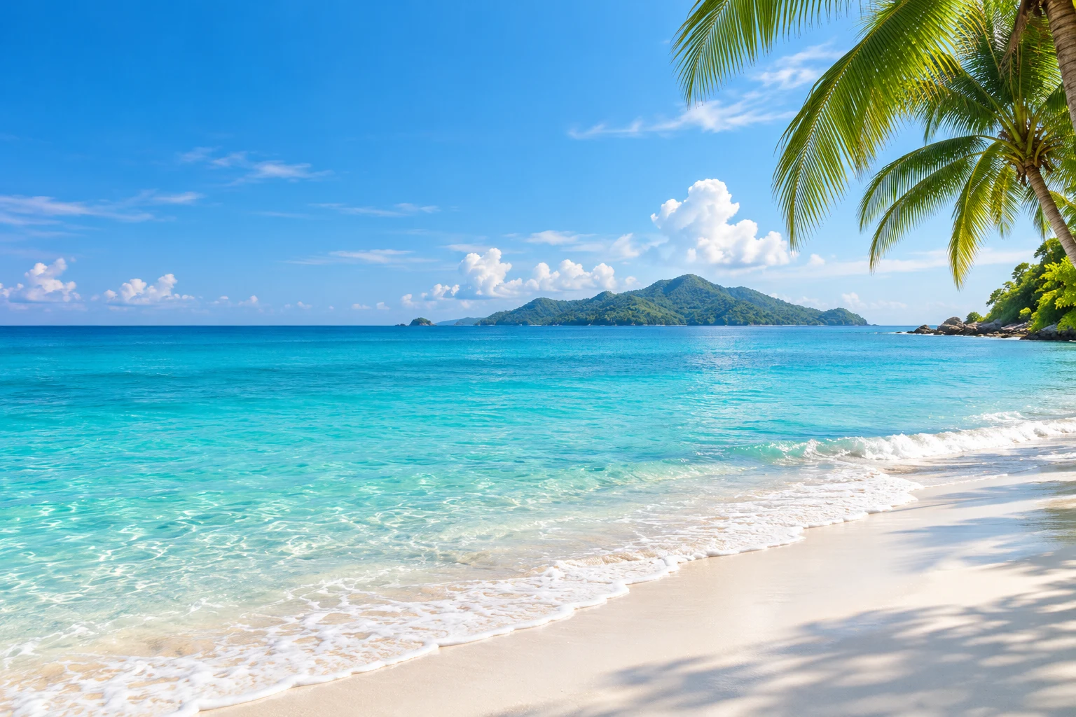 Turquoise sea and a quiet tropical beach framed by palm trees